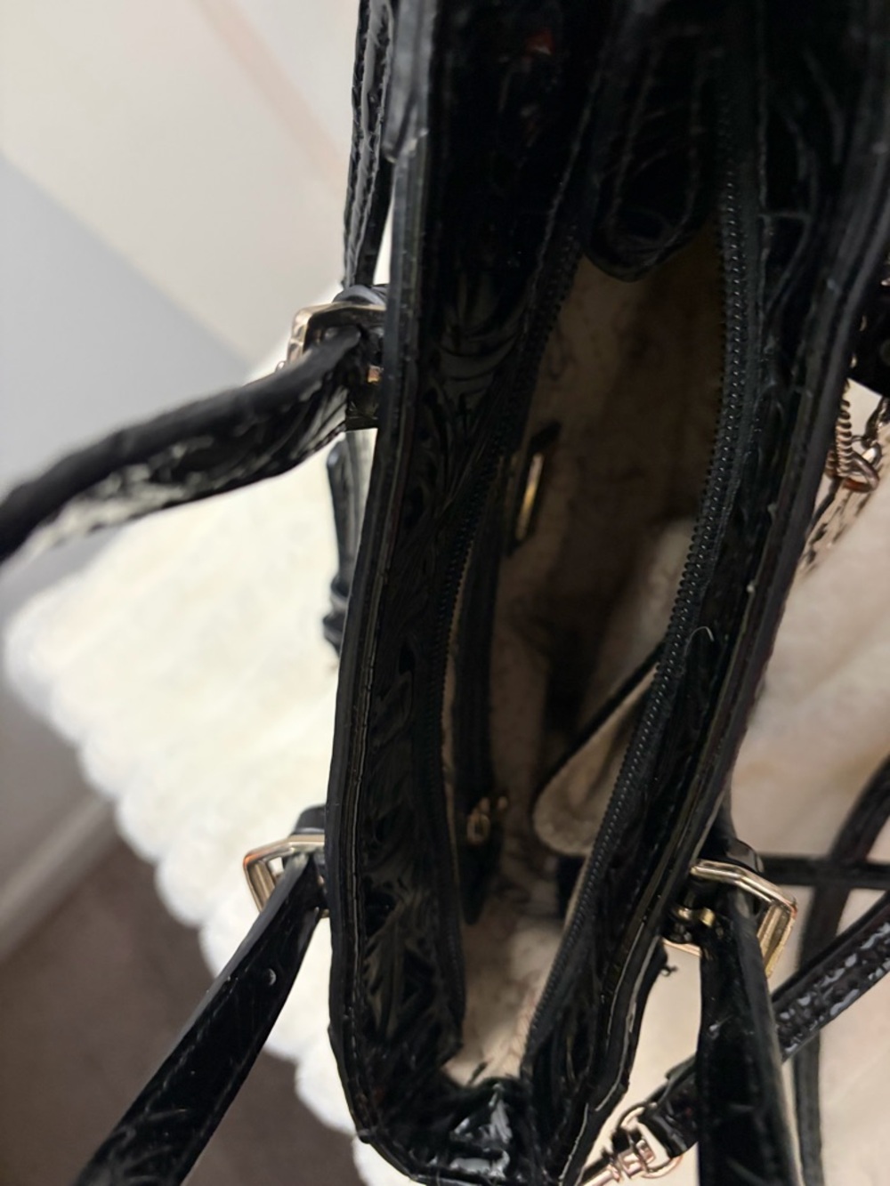 GUESS Black Embossed Patent Leather Satchel with Gold Accents - Picture 3 of 9